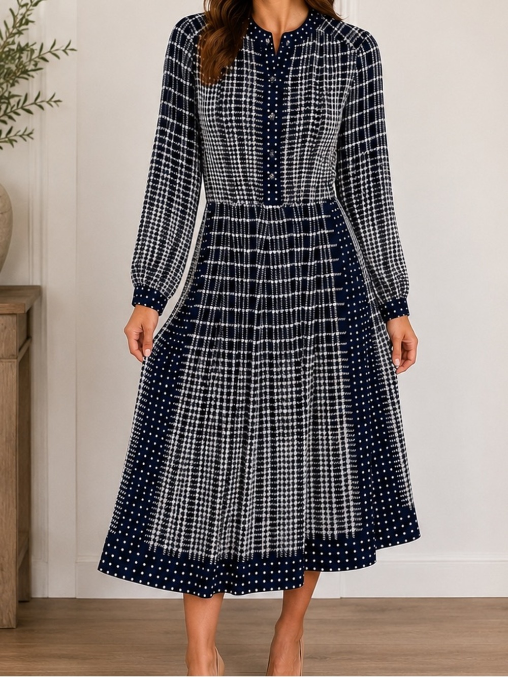 Chalet Blanc by Renown Look Navy Geometric Midi Dress Size 6 Vintage